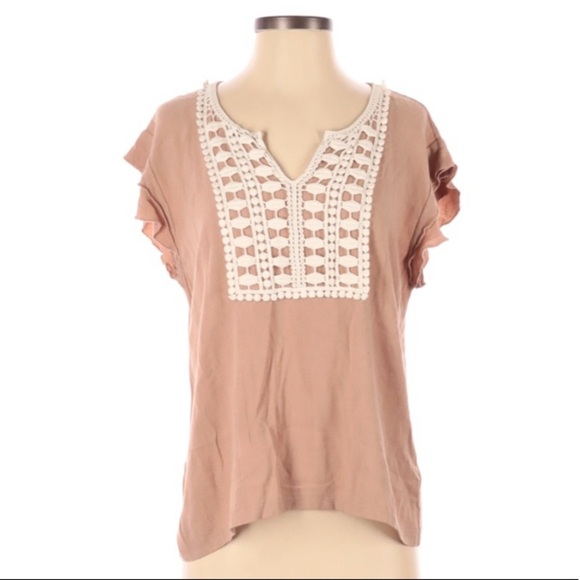 Umgee Tan White Crochet V Neck Flutter Sleeve Too - Picture 1 of 4